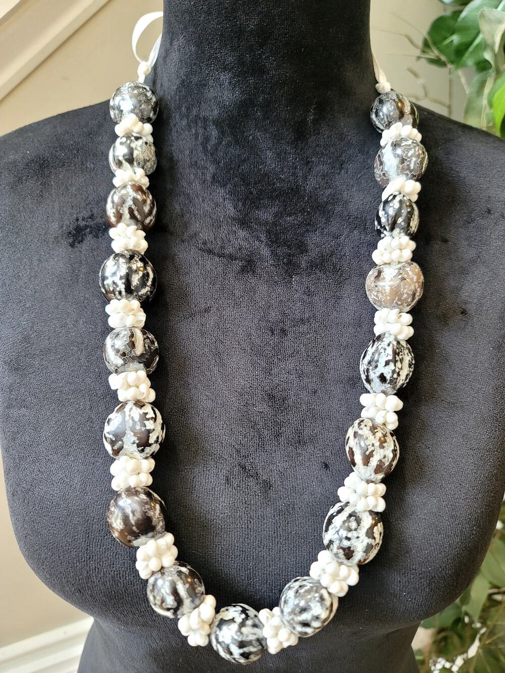 Silver Tone White Beaded Long Statement Necklace Floral Textured Boho Jewelry